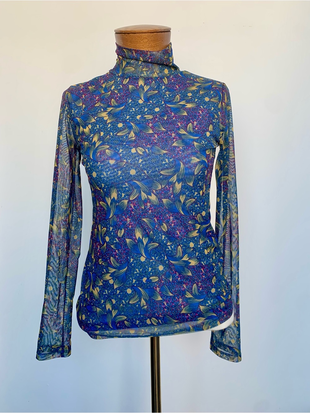 Anthropologie Blue Floral Mesh Turtleneck Long Sleeve Top